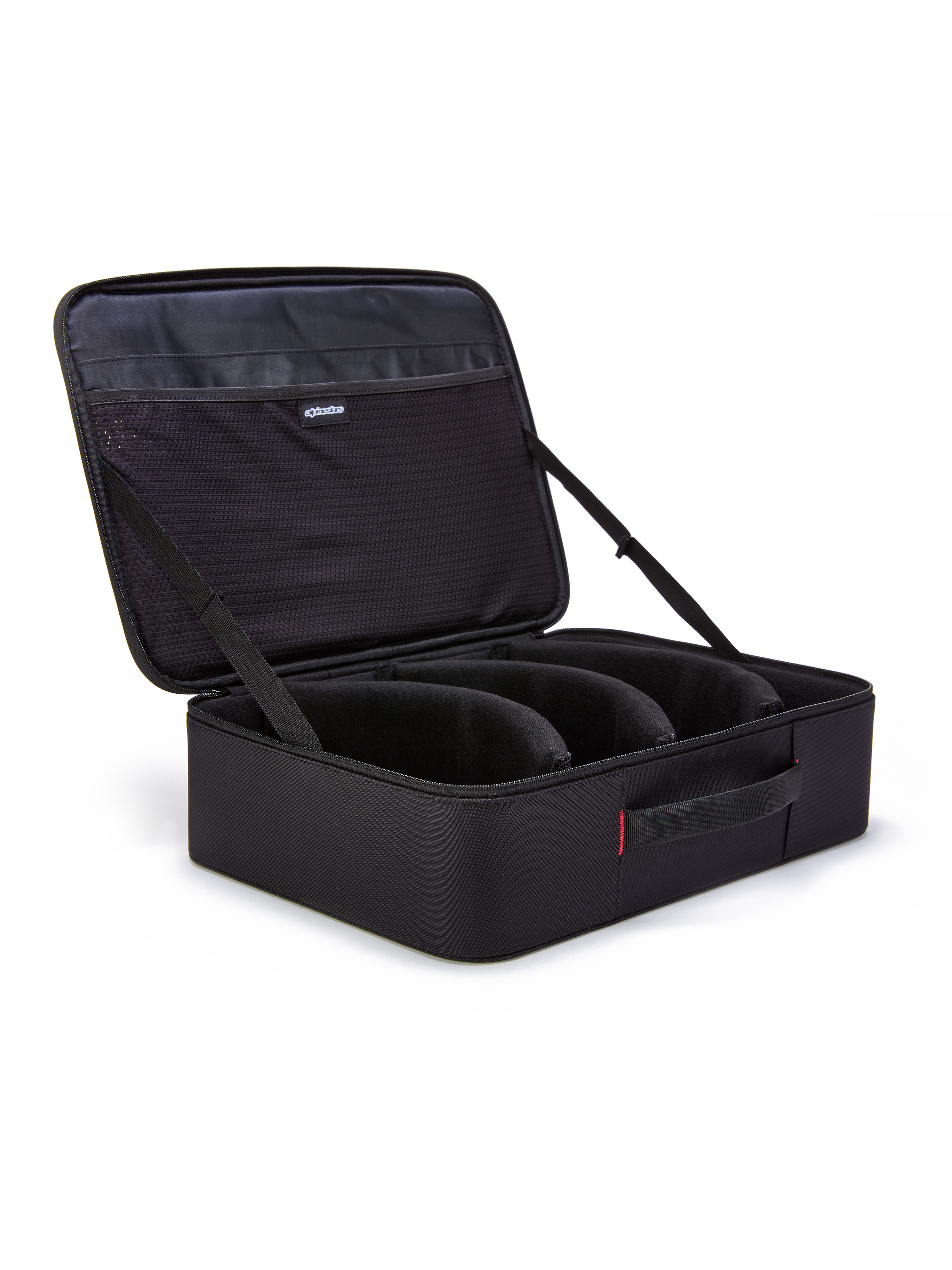 Alpinestars Supertech Vision Goggles Case, Black, open briefcase-style organizer for motocross goggles, featuring pre-curved modular dividers and mesh pockets on the lid, padded handle, durable construction for off-road gear storage