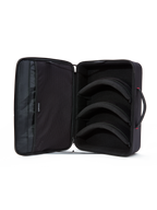 Alpinestars Supertech Vision Goggles Case, Black, open interior view, three modular pre-curved dividers for lens and goggle storage, soft mesh lid pockets for accessories, horizontal briefcase-style design with a padded handle, protective motocross gear organizer