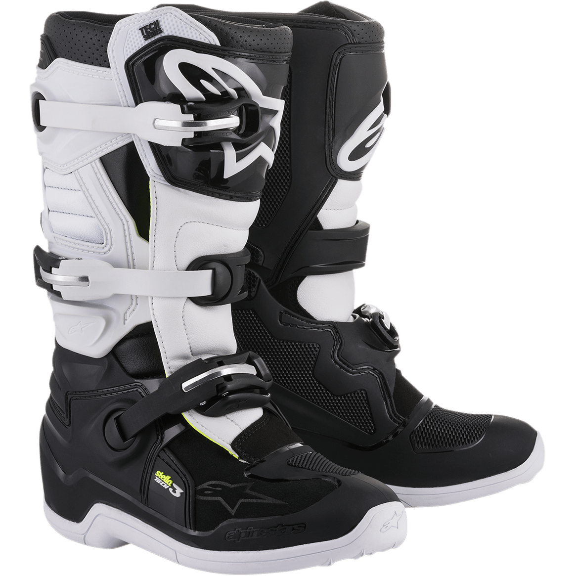 Bottes Alpinestars Stella Tech 3 pour femme, bottes de motocross et tout-terrain, noires et blanches, avec système de fermeture à trois boucles, plaques de tibia en TPU blanc avec logo Alpinestars, tige en microfibre noire avec empiècements blancs, semelles blanches, chaussures de protection haute performance pour les pilotes féminines
