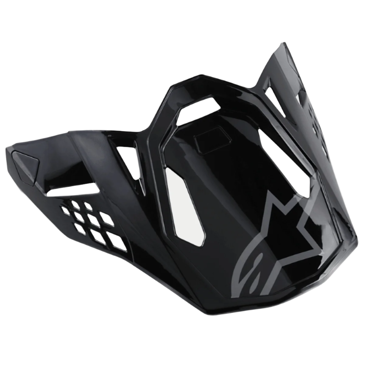 Alpinestars S-M8 Helmet Visor Radium, visière de casque de motocross noir brillant avec logo Alpinestars gris, dotée de découpes angulaires aérodynamiques et de bords nets, style racing moderne pour casques tout-terrain