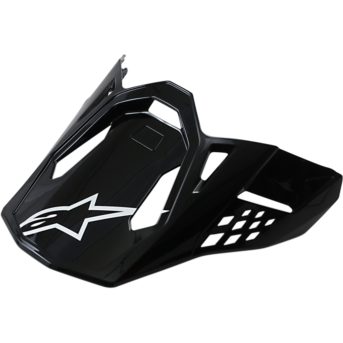 Alpinestars Supertech M10/M8 Visor, visière de casque de motocross, noir brillant avec logo étoile blanc, design aérodynamique avec ouvertures de ventilation