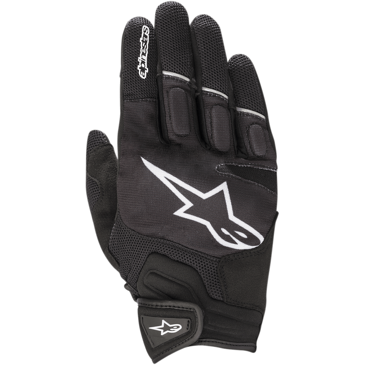 Gants Alpinestars Atom, gants de moto légers, noir et blanc, avec un grand logo d'étoile blanche sur le dos de la main, des panneaux en mesh pour la ventilation, des articulations rembourrées et une fermeture de poignet sécurisée par crochet et boucle