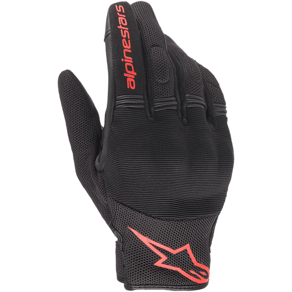 Gants Alpinestars Copper, gants de moto urbains, noir et rouge fluo, avec logo et lettrage Astars rouges, construction en mesh et spandex avec articulations rembourrées, équipement léger pour les trajets quotidiens