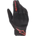 Gants Alpinestars Copper, gants de moto urbains, noir et rouge fluo, avec logo et lettrage Astars rouges, construction en mesh et spandex avec articulations rembourrées, équipement léger pour les trajets quotidiens