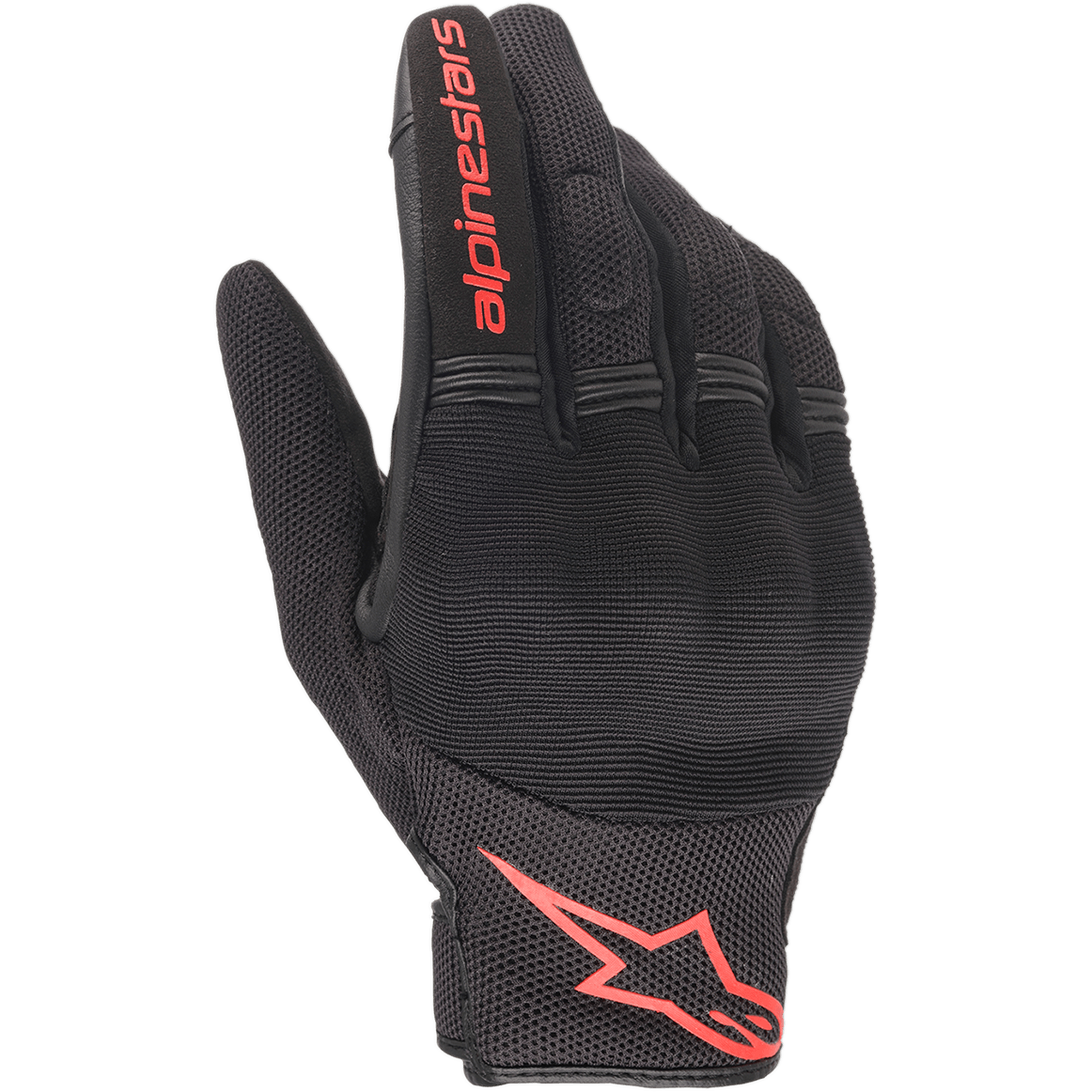 Gants Alpinestars Copper, gants de moto urbains, noir et rouge fluo, avec logo et lettrage Astars rouges, construction en mesh et spandex avec articulations rembourrées, équipement léger pour les trajets quotidiens