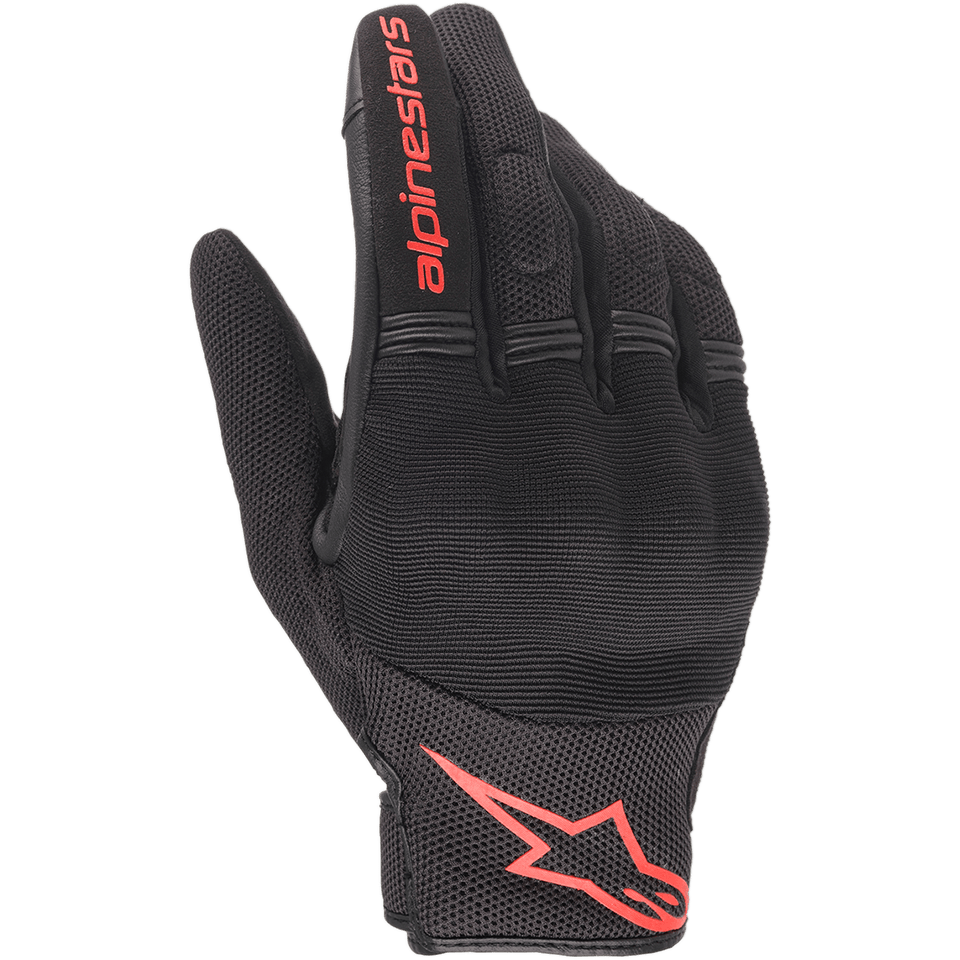Gants Alpinestars Copper, gants de moto urbains, noir et rouge fluo, avec logo et lettrage Astars rouges, construction en mesh et spandex avec articulations rembourrées, équipement léger pour les trajets quotidiens