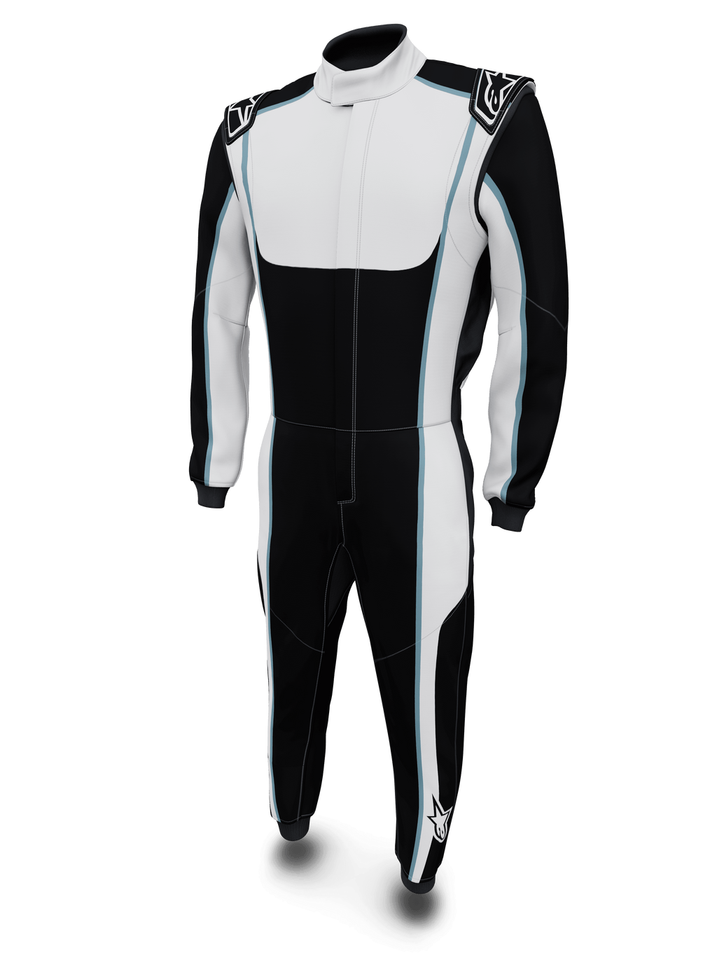 Alpinestars combinaison sur mesure Tech Vision V3 pour course auto, noire et blanche avec accents bleus, certifiée FIA