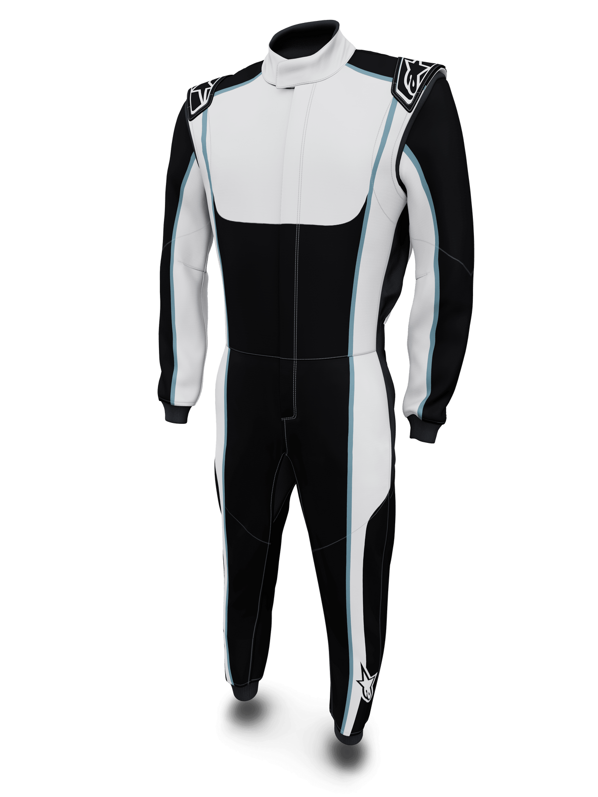 Alpinestars Tech Vision V3 Custom Suit, combinaison de course automobile professionnelle, noire et blanche avec des accents bleu clair, col haut, écussons de logo sur les épaules, conception ignifuge, vue d'ensemble