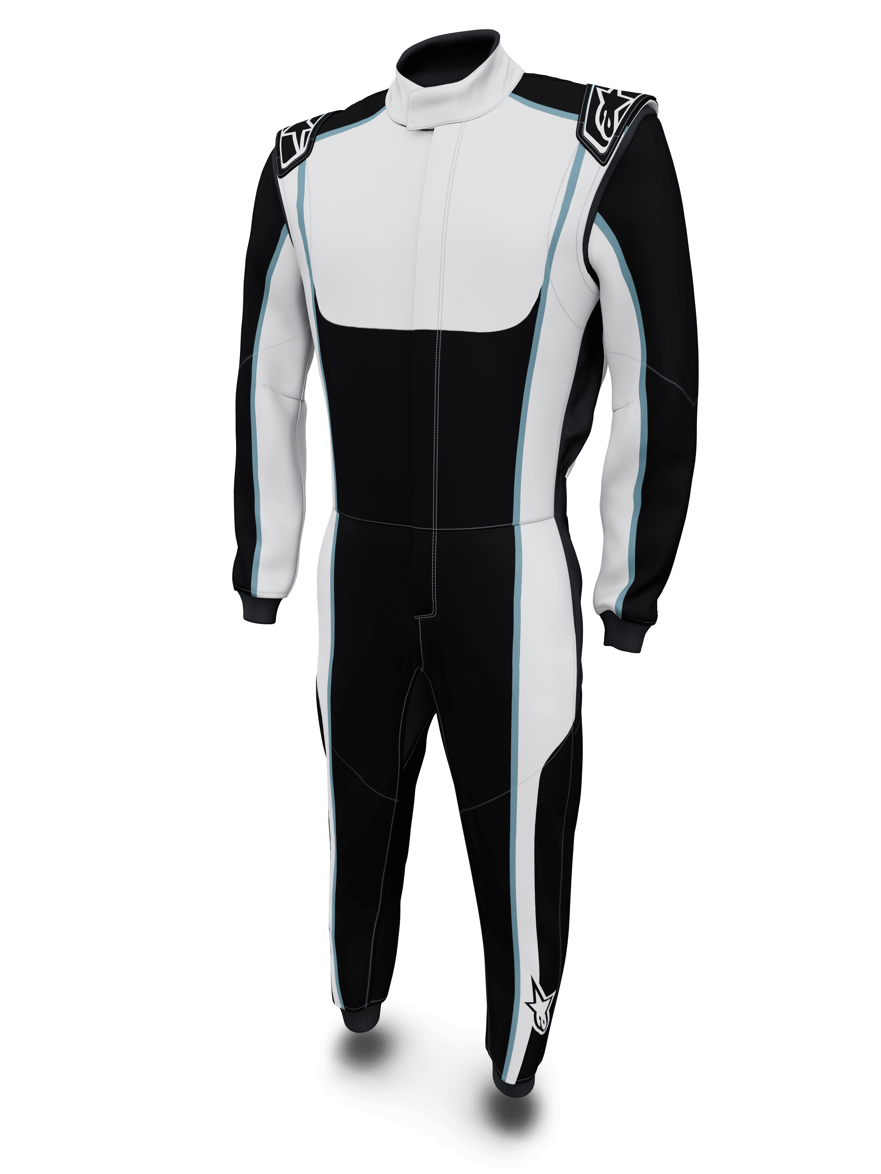 Alpinestars combinaison sur mesure Tech Vision V3 pour course auto, noire et blanche avec accents bleus, certifiée FIA