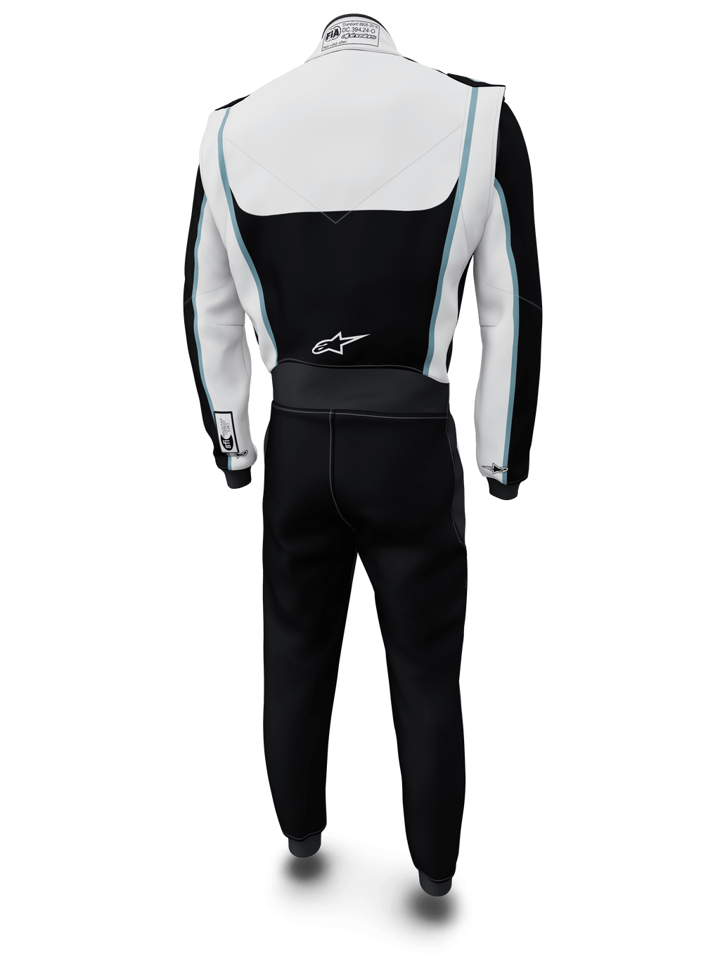 Combinaison personnalisée Alpinestars Tech Vision V3, combinaison de course automobile, blanche et noire avec des accents bleu clair, vue arrière, arborant le logo Alpinestars dans le bas du dos et l'étiquette de certification FIA sur le col, équipement de course professionnel ignifuge en Nomex