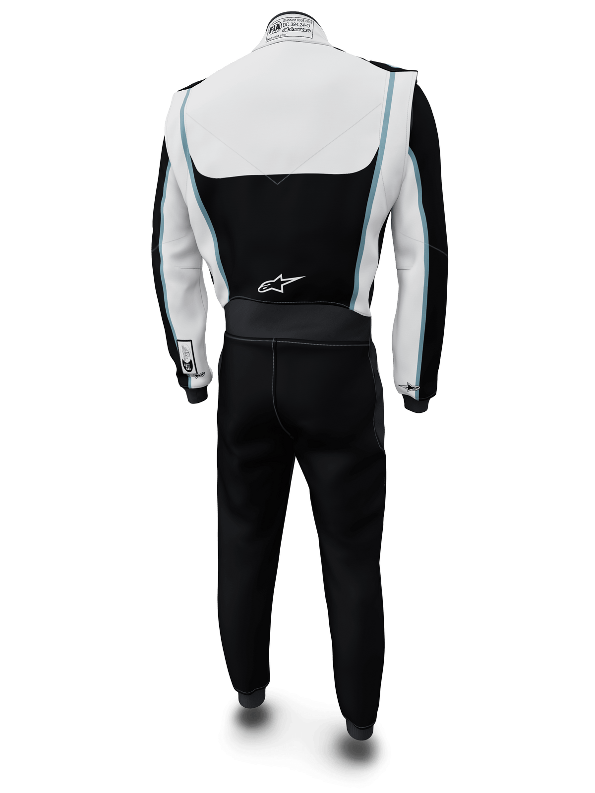 Combinaison personnalisée Alpinestars Tech Vision V3, combinaison de course automobile, blanche et noire avec des accents bleu clair, vue arrière, arborant le logo Alpinestars dans le bas du dos et l'étiquette de certification FIA sur le col, équipement de course professionnel ignifuge en Nomex