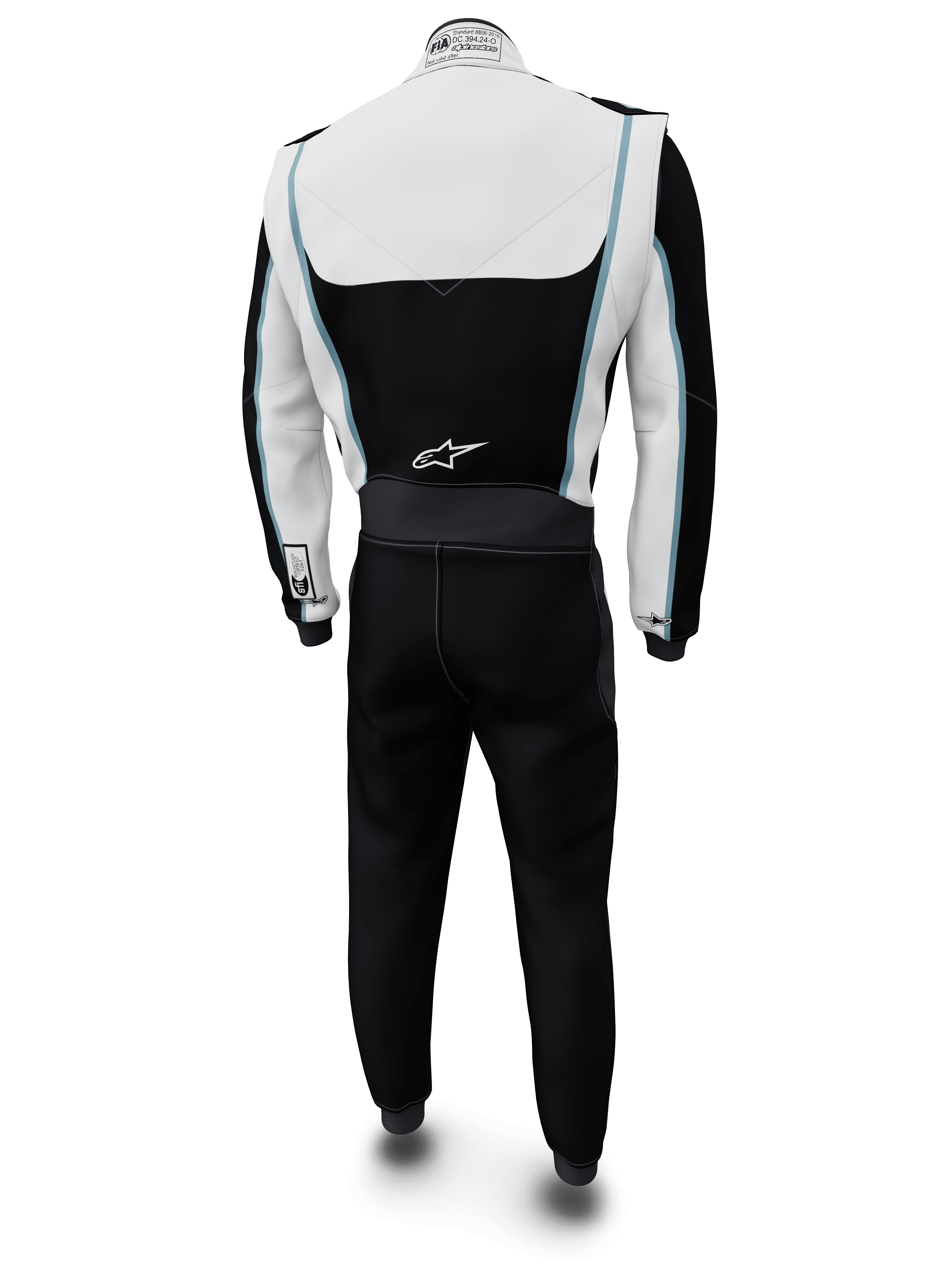 Combinaison personnalisée Alpinestars Tech Vision V3, combinaison de course automobile, blanche et noire avec des accents bleu clair, vue arrière, arborant le logo Alpinestars dans le bas du dos et l'étiquette de certification FIA sur le col, équipement de course professionnel ignifuge en Nomex