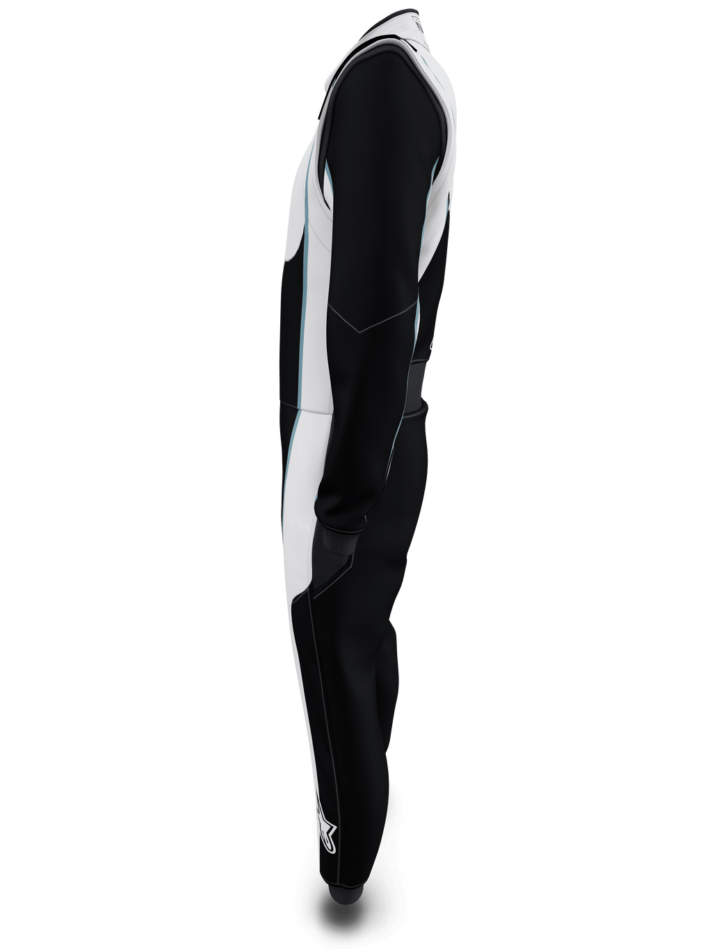 Alpinestars Tech Vision V3 Custom Suit, vue de profil, noir et blanc avec accents bleu clair, combinaison de course automobile professionnelle certifiée FIA et SFI, conception légère en Nomex