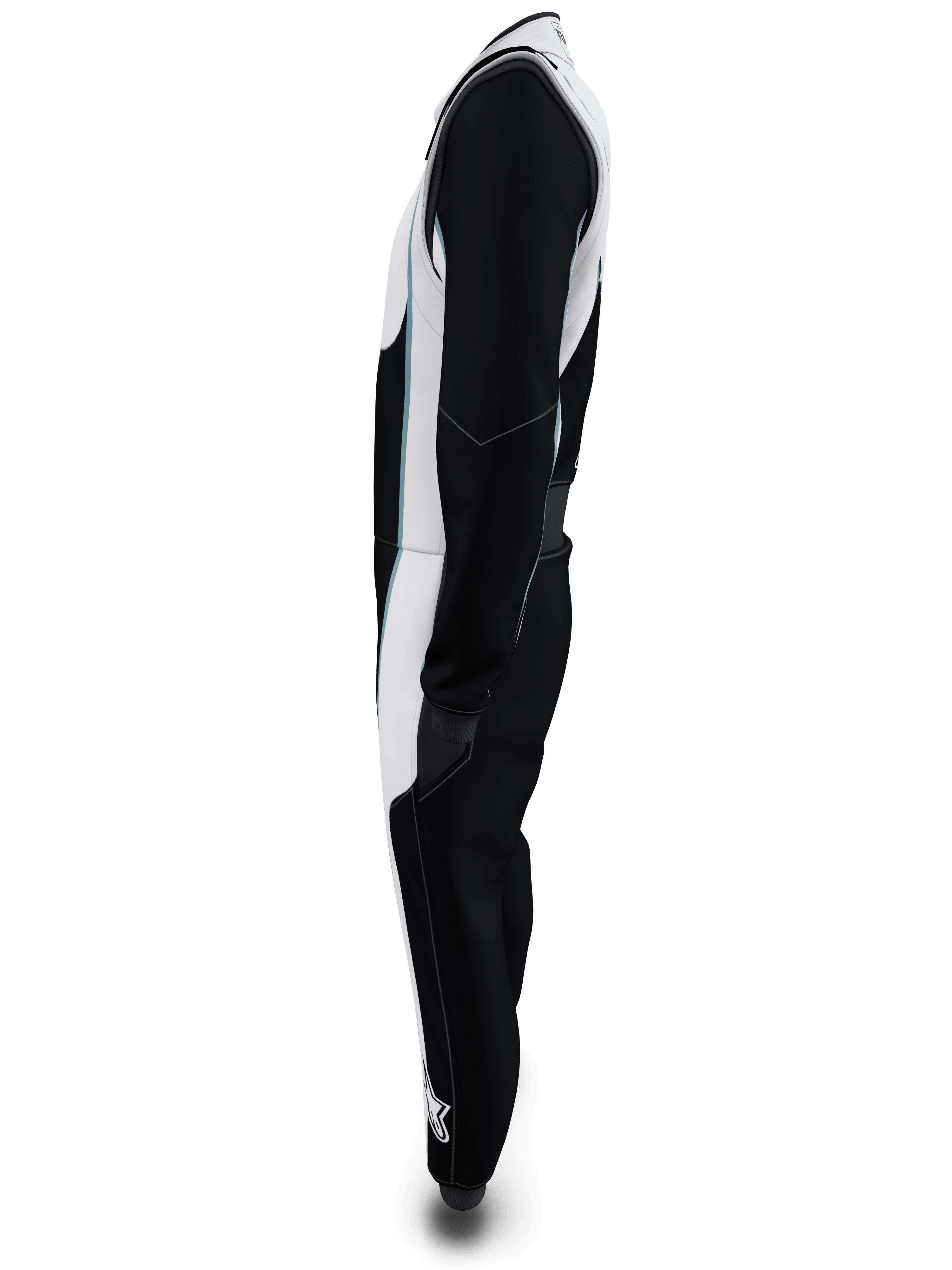 Alpinestars Tech Vision V3 Custom Suit, vue de profil, noir et blanc avec accents bleu clair, combinaison de course automobile professionnelle certifiée FIA et SFI, conception légère en Nomex