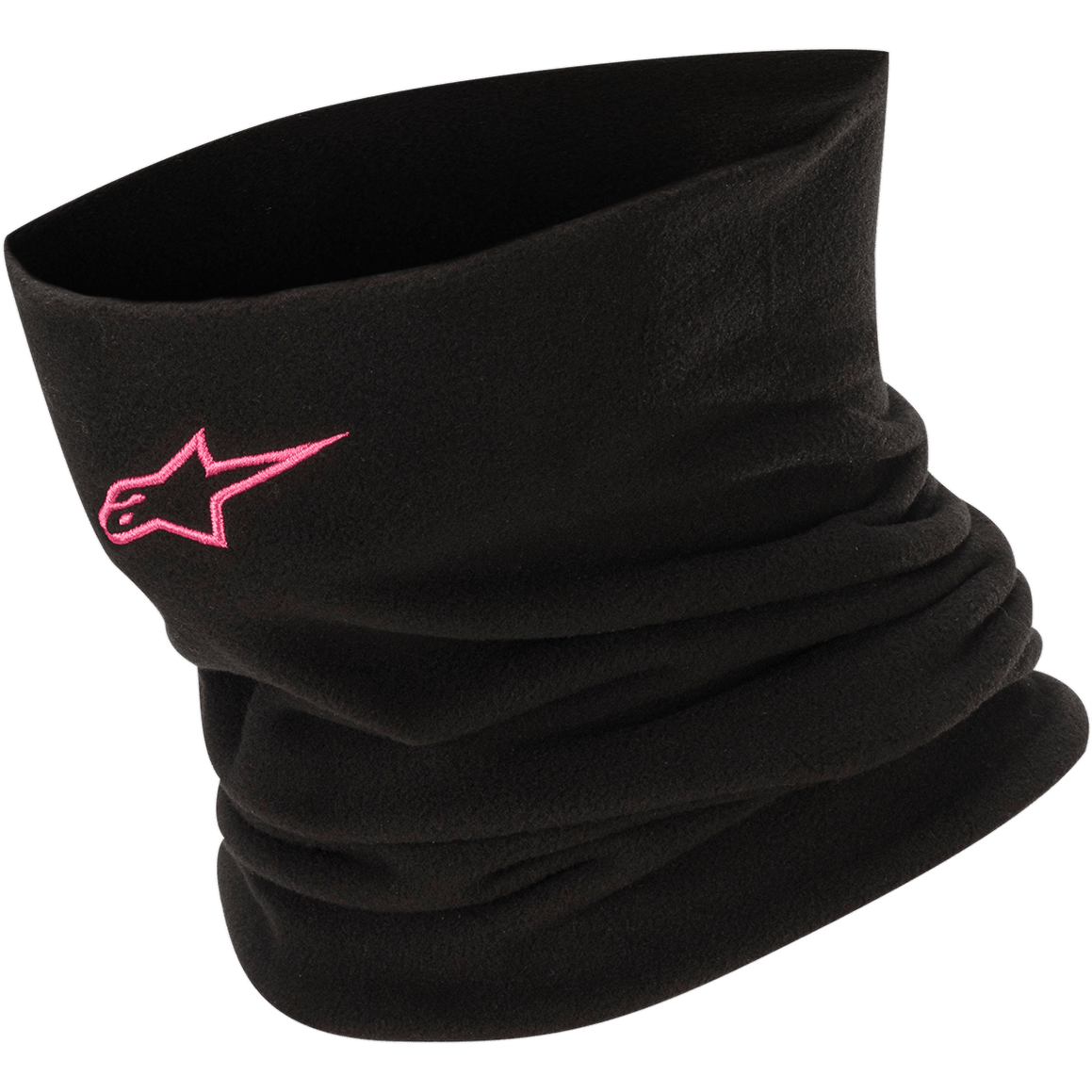 Alpinestars Neck Warmer, tour de cou tubulaire en polaire noire avec logo étoile rose, tissu doux et chaud pour la moto par temps froid et les sports motorisés