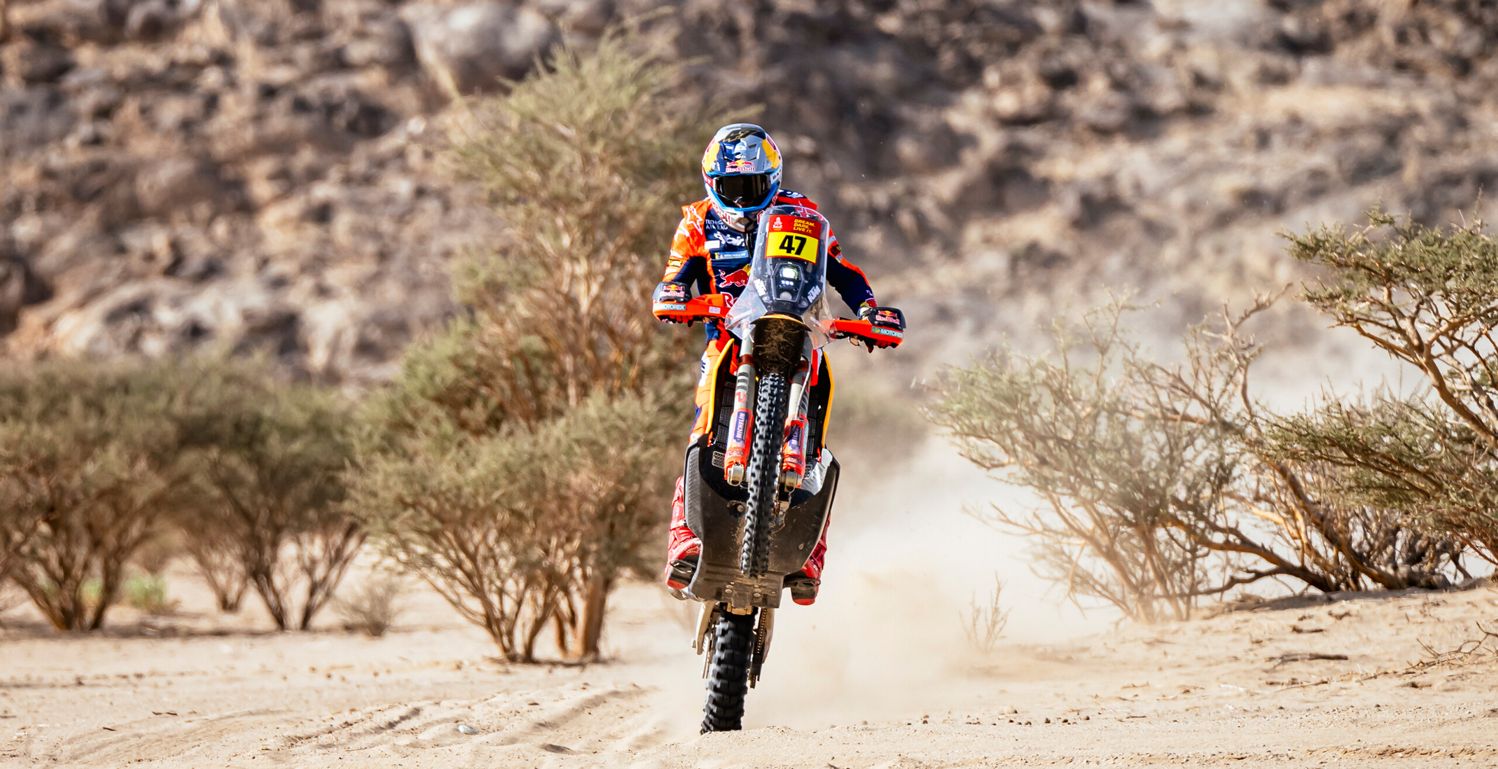 Rally racer Benavides doing a wheelie in the desert riding his KTM and wearing Alpinestars apparel
