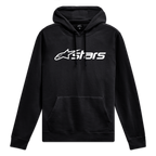 Alpinestars Blaze V3 Hoodie, Black and White Sportswear Pullover, featuring a front Blaze 2.0 logo print, jersey-lined hood, and rib cuffs