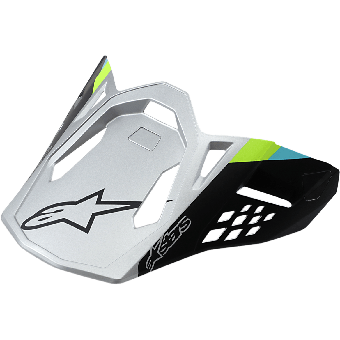 Visière Alpinestars Supertech M8 Contact, argent mat et noir, accents vert citron et cyan, design aérodynamique angulaire avec logo étoile noir, découpes de ventilation géométriques, visière de rechange pour casques de motocross