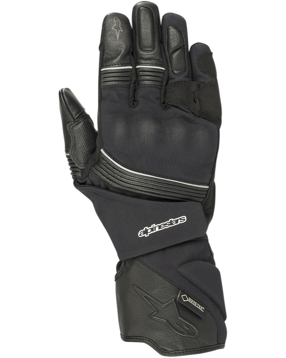 Alpinestars Jet Road Gloves, Black Motorcycle Gloves, Gore-Tex Waterproof, Leather and Textile Construction, Long Gauntlet Cuff, Reinforced Knuckle Protection, Reflective Piping, Adventure Touring Gear