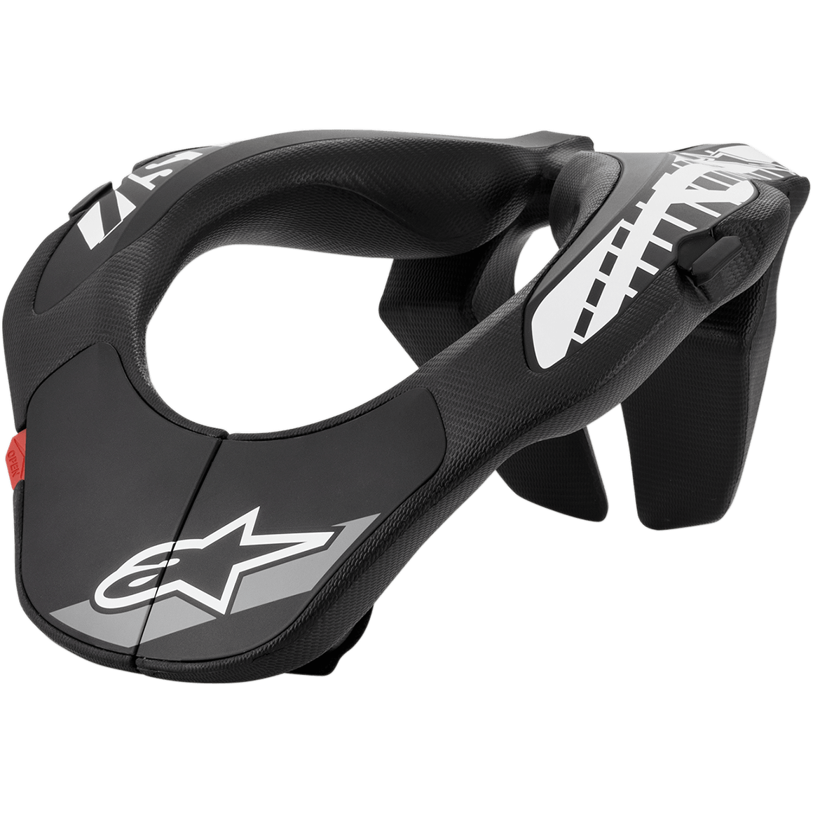 Alpinestars Youth Neck Support, protection cervicale de motocross, noir avec graphismes blancs et languette rouge, design ergonomique avec surface texturée, équipement de protection pour jeunes