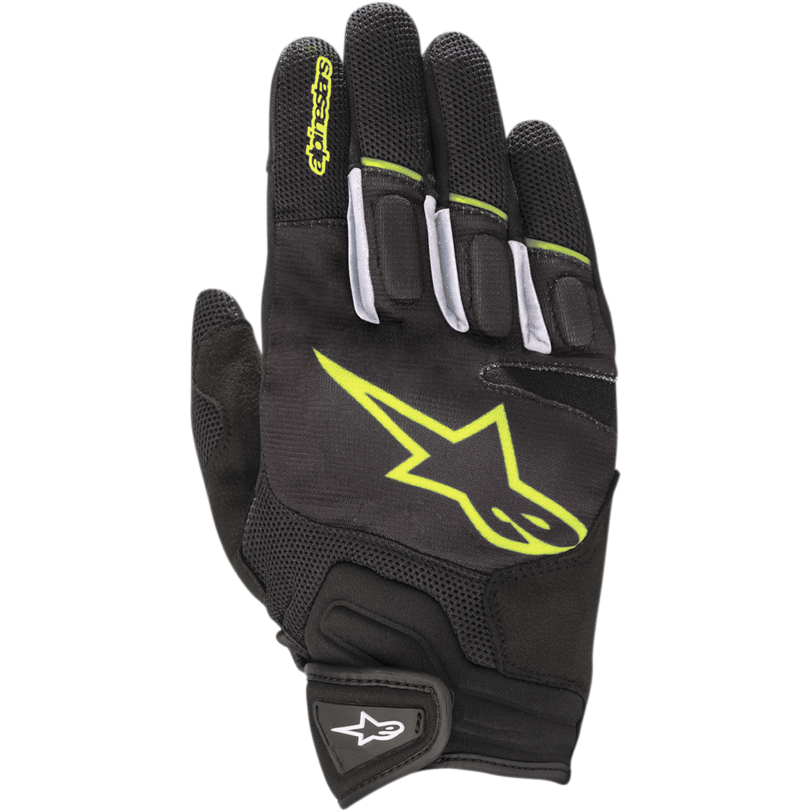 Gants Alpinestars Atom, gants de moto de route légers, noir et jaune fluorescent, coque en mesh pour la circulation de l'air, grand logo jaune fluorescent sur le dos de la main, accents blancs sur les doigts et sangle de poignet à fermeture auto-agrippante pour un usage urbain.