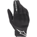 Gants Alpinestars Stella Copper pour femme, gants de moto noirs et blancs, style urbain avec ventilation en maille, dotés d'un logo étoile blanc sur la manchette et d'un texte blanc sur l'index, construction textile légère