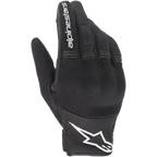 Gants Alpinestars Stella Copper pour femme, gants de moto noirs et blancs, style urbain avec ventilation en maille, dotés d'un logo étoile blanc sur la manchette et d'un texte blanc sur l'index, construction textile légère