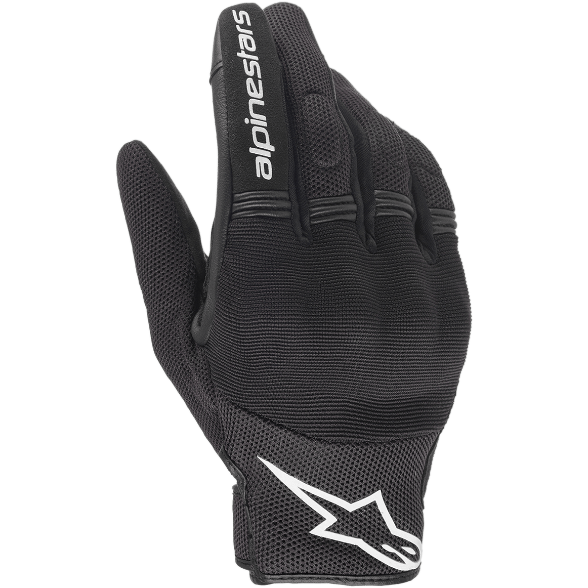 Gants Alpinestars Stella Copper pour femme, gants de moto noirs et blancs, style urbain avec ventilation en maille, dotés d'un logo étoile blanc sur la manchette et d'un texte blanc sur l'index, construction textile légère