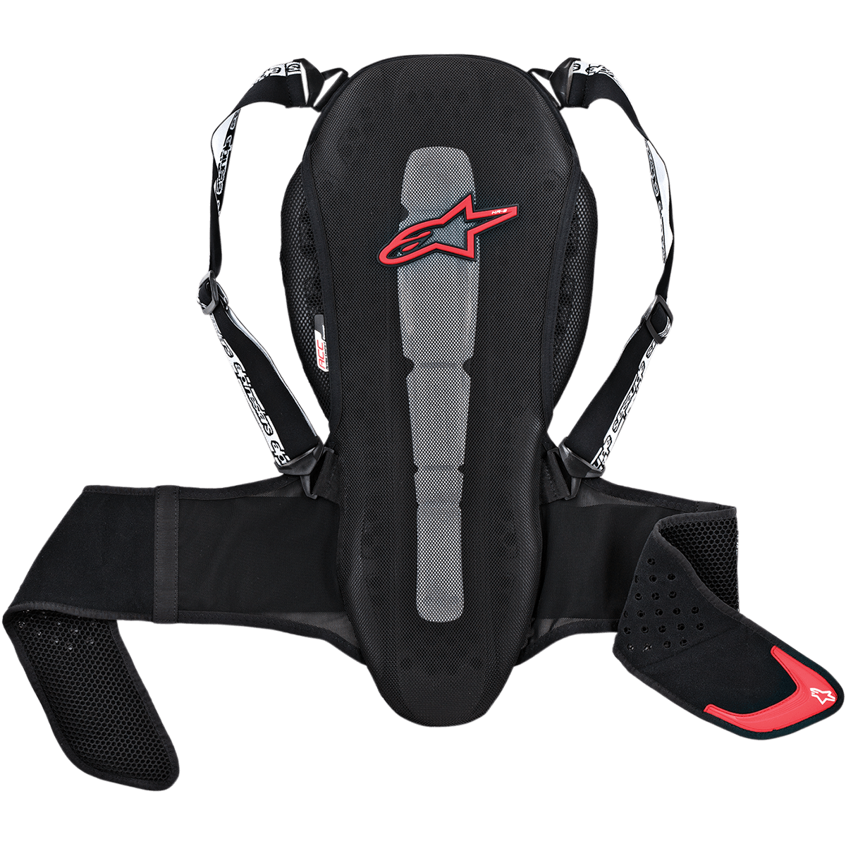 Alpinestars Nucleon Kr-2 Back Protector, Motorcycle Back Protection, Black with Red Star Logo, Mesh Construction with Gray Central Panel, Adjustable Shoulder Straps and Waist Belt, Ergonomic Design with Perforated Side Pads