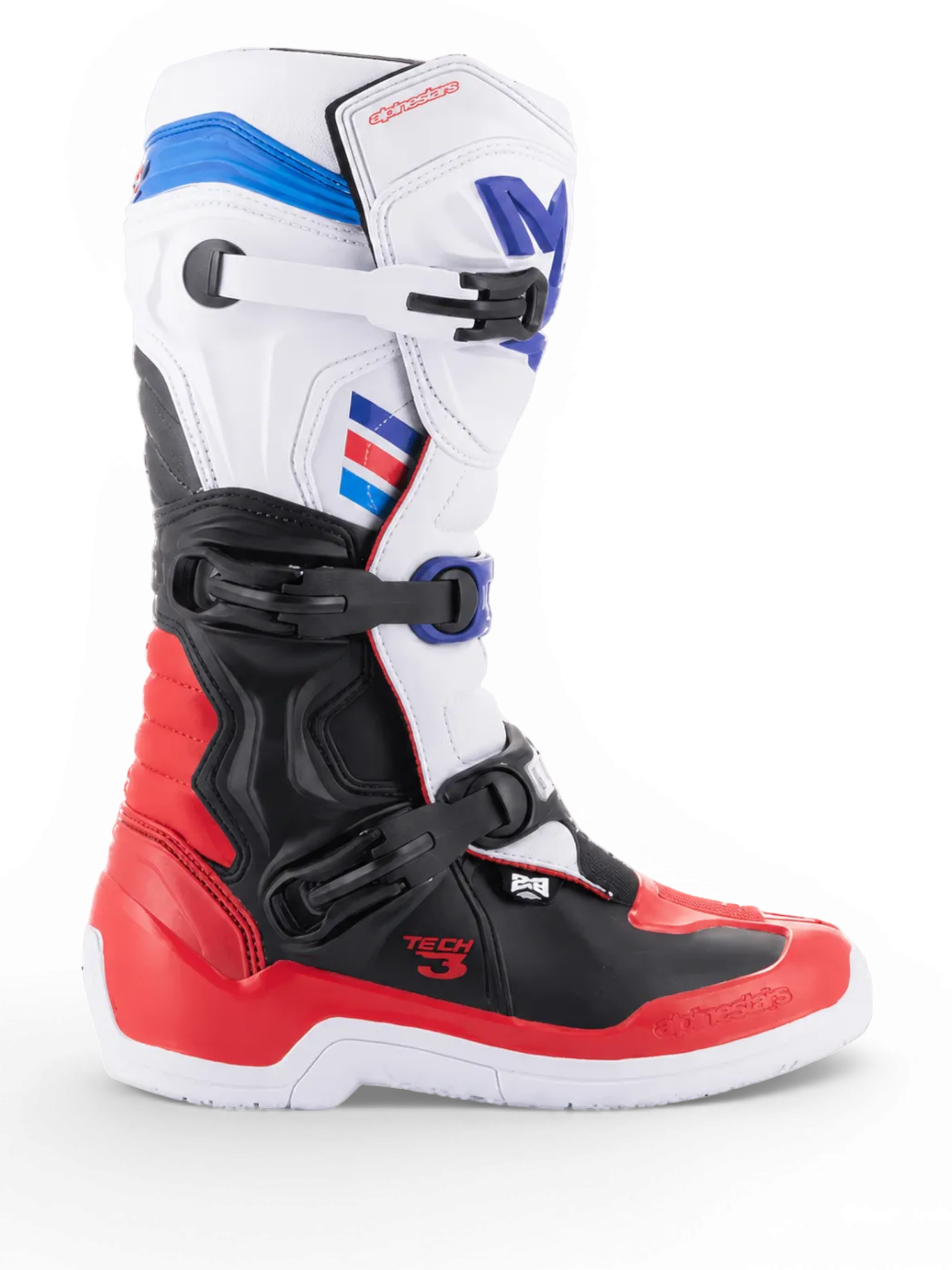 Alpinestars Tech 3, bottes de motocross blanches et rouge vif avec accents bleu foncé, protections en TPU noir et fermeture à trois boucles, vue de profil
