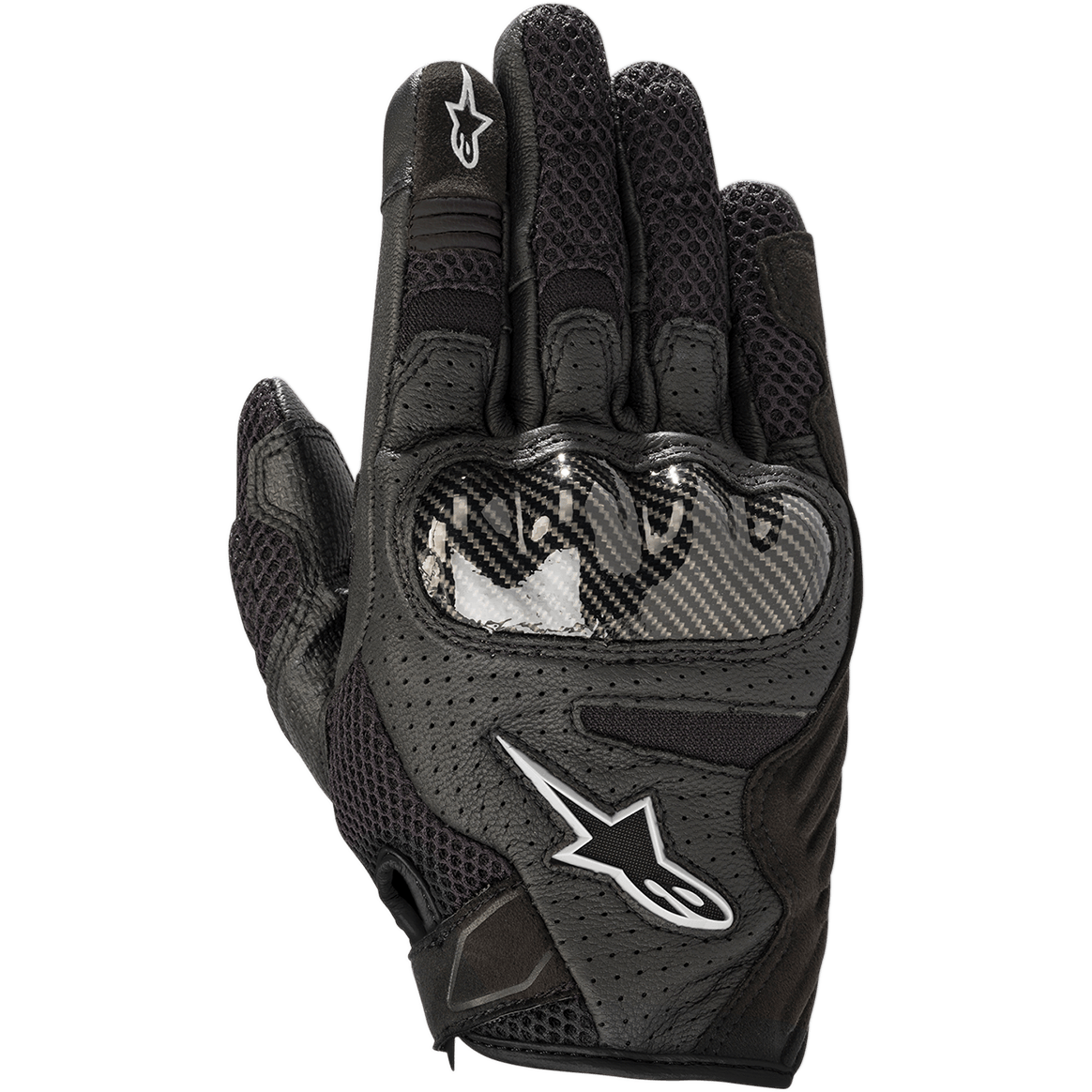 Gants Alpinestars Stella SMX-1 Air V2 pour femme, noirs, gants de moto avec cuir perforé et mesh respirant, protection des articulations de style fibre de carbone, logos étoiles Alpinestars blancs, design sport à manchette courte