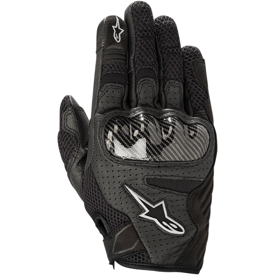 Gants Alpinestars Stella SMX-1 Air V2 pour femme, noirs, gants de moto avec cuir perforé et mesh respirant, protection des articulations de style fibre de carbone, logos étoiles Alpinestars blancs, design sport à manchette courte