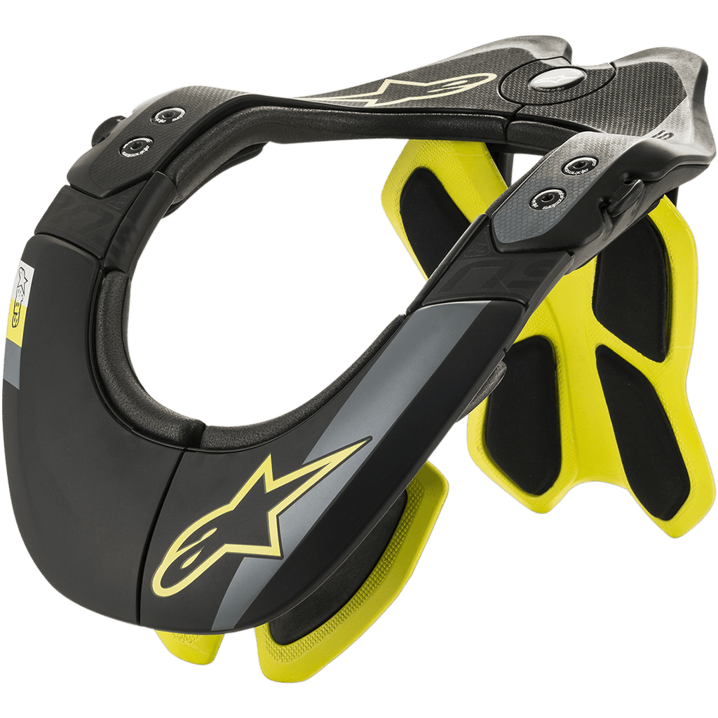 Alpinestars BNS Tech 2, protection cervicale de moto, noir et jaune fluorescent, cadre ergonomique en polymère de carbone avec intérieur rembourré, détails du logo étoile, protection pour motocross et tout-terrain