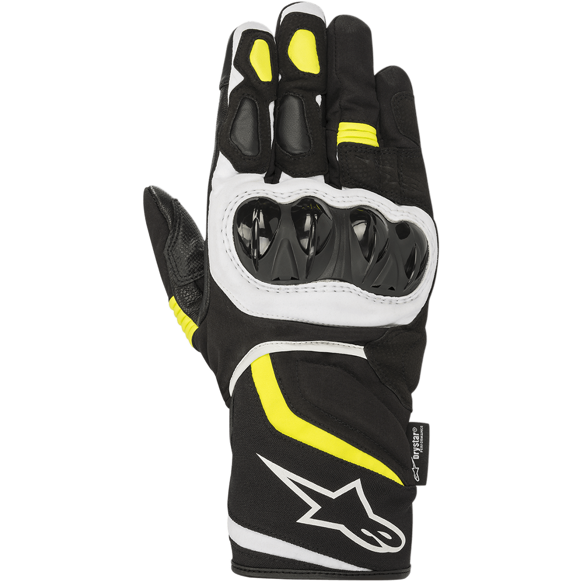 Gants Alpinestars T-SP W Drystar®, gants de moto sport, noirs avec accents jaune fluo et blancs, protection rigide aux articulations, manchette mi-longue avec logo blanc, construction en textile imperméable et softshell