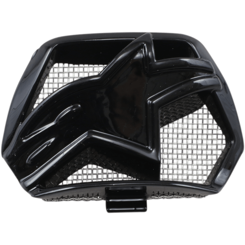 Alpinestars Supertech M10/M8 Helmet Chin Vent, Black glossy plastic replacement part, featuring a central star-shaped logo and internal mesh grid, motocross helmet ventilation accessory
