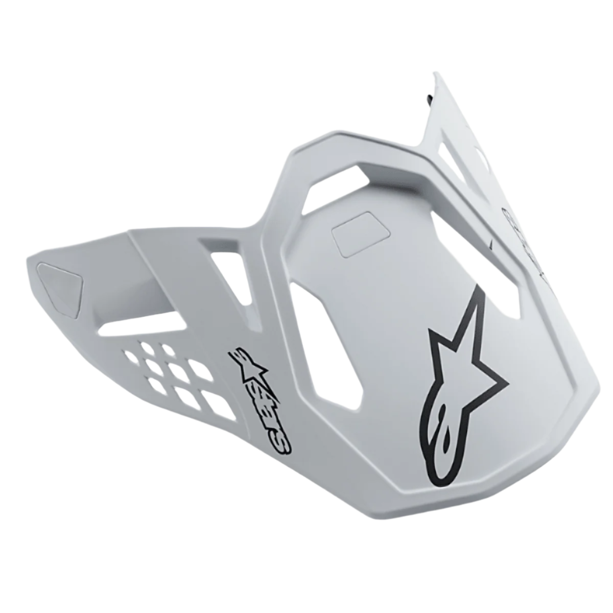 Visière de casque Alpinestars Supertech M10 Dyno, blanc mat, avec logos étoiles Alpinestars noirs, visière de motocross avec découpes géométriques pour le flux d'air, finition mate, design aérodynamique pour la performance tout-terrain