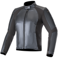 Alpinestars Stella Vika V2, blouson de moto en cuir pour femme, bleu métallique, construction en cuir élégante avec empiècements extensibles en aramide mat, col montant, fermeture éclair frontale, coupe ajustée soulignant la silhouette