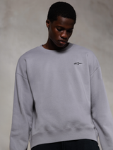 Alpinestars Essentials Ageless Crew, sweat-shirt à col rond premium argenté, avec un petit logo Alpinestars noir sur la poitrine, porté par un mannequin, style streetwear décontracté avec une texture polaire douce