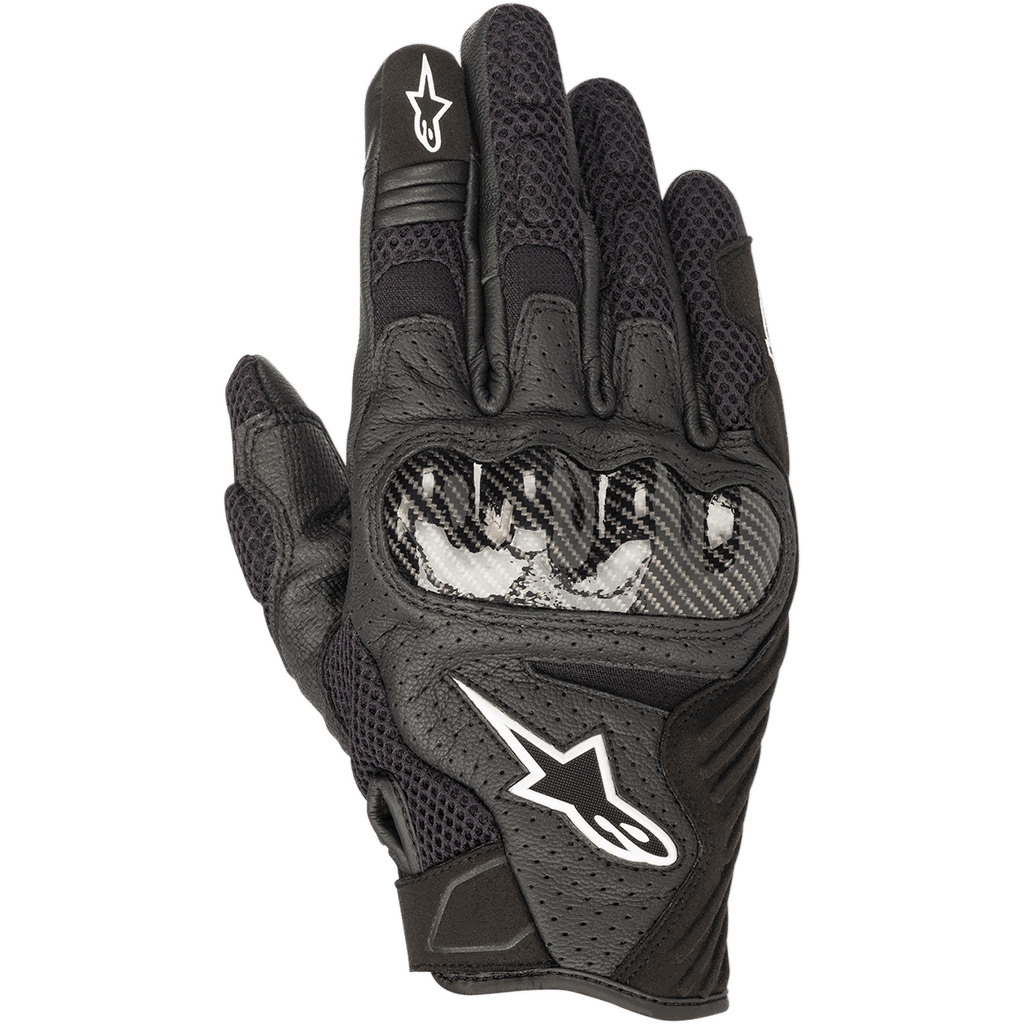 Gants Alpinestars SMX-1 Air V2, gants de moto noirs, protection des articulations style fibre de carbone, logo étoile blanc, panneaux en mesh et cuir perforé pour la circulation de l'air, manchette courte pour un usage urbain et routier