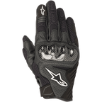Gants Alpinestars SMX-1 Air V2, gants de moto noirs, protection des articulations style fibre de carbone, logo étoile blanc, panneaux en mesh et cuir perforé pour la circulation de l'air, manchette courte pour un usage urbain et routier