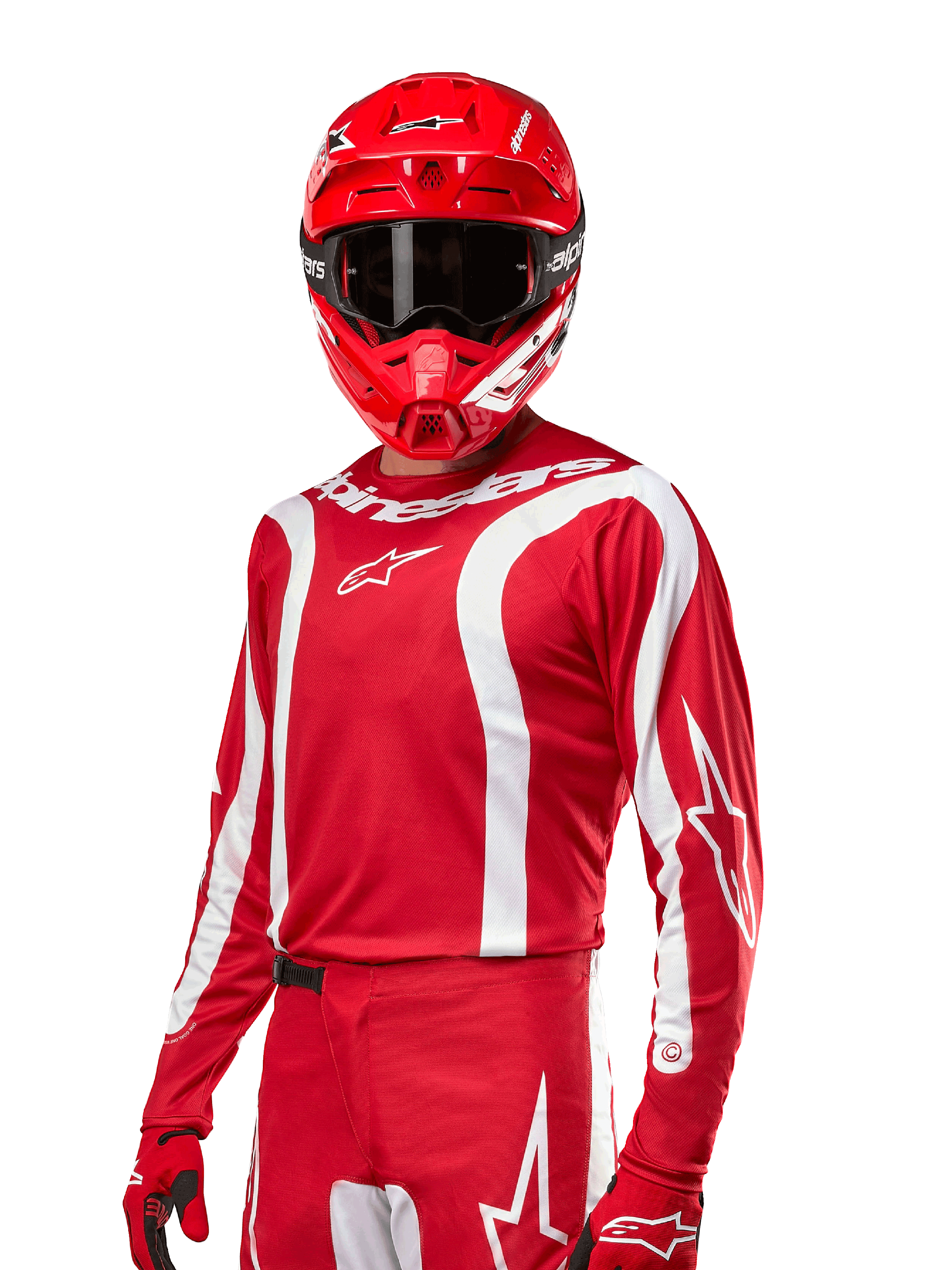 2024 Fluid Lurv Jersey, Motocross Racing Jersey, Mars Red and White, worn with matching red helmet and gloves, bold sporty design with white curved stripes and Alpinestars branding