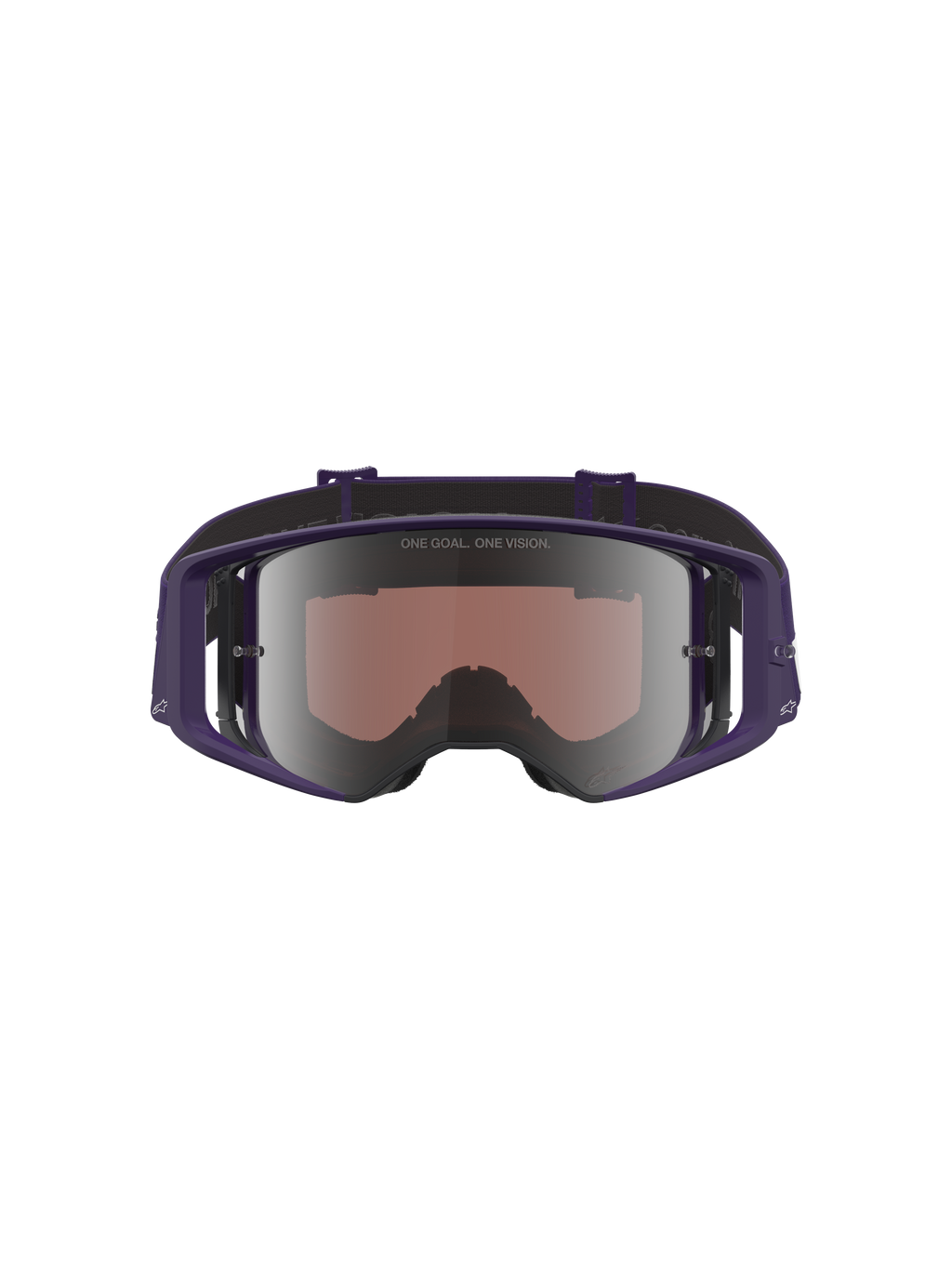 Alpinestars Limited Edition HUNTA96 XXV Supertech Vision Goggles, Motocross Goggles, Purple and White with Silver Mirror Lens, front-facing view showing reflective lens with 'ONE GOAL. ONE VISION.' text, wide peripheral frame design for off-road racing
