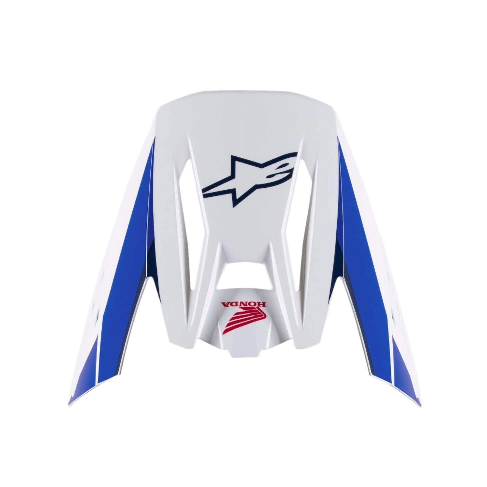 Visière Alpinestars Honda S-M5, visière de rechange pour casque, finition brillante blanc, bleu et rouge, présentant des panneaux latéraux bleus avec logos Alpinestars bleu marine et Honda rouges, accessoire pour casque de motocross