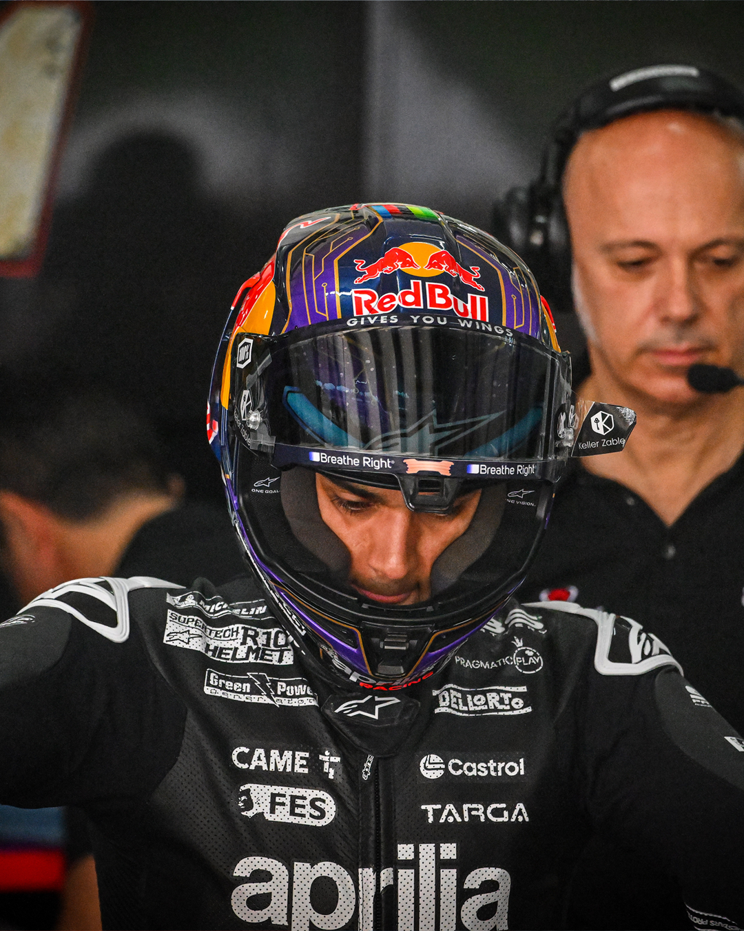 Jorge Martin focused wearing Alpinestars SR10 helmet