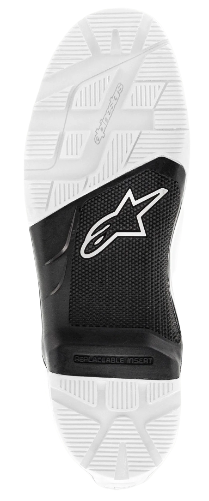 Semelle Alpinestars Tech 7 Enduro, semelle extérieure de remplacement en caoutchouc, noir et blanc, vue de dessous montrant une surface texturée à crampons, avec logo Astars blanc sur la partie centrale noire et marquage Alpinestars en relief, pièce de rechange pour bottes de moto tout-terrain