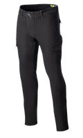 Alpinestars Caliber Slim Fit Tech Riding Pants, Black, motorcycle riding pants featuring combat-style angled cargo pockets, slim tapered fit, belt loops, and button closure, constructed from stretch Cordura denim for a technical urban look