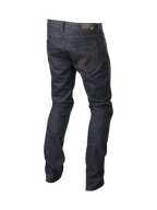 Pantalon Denim Copper Alpinestars, jean de moto urbain pour homme, bleu foncé avec coutures rouges sur les poches arrière, renfort en aramide et coupe droite, vue de dos