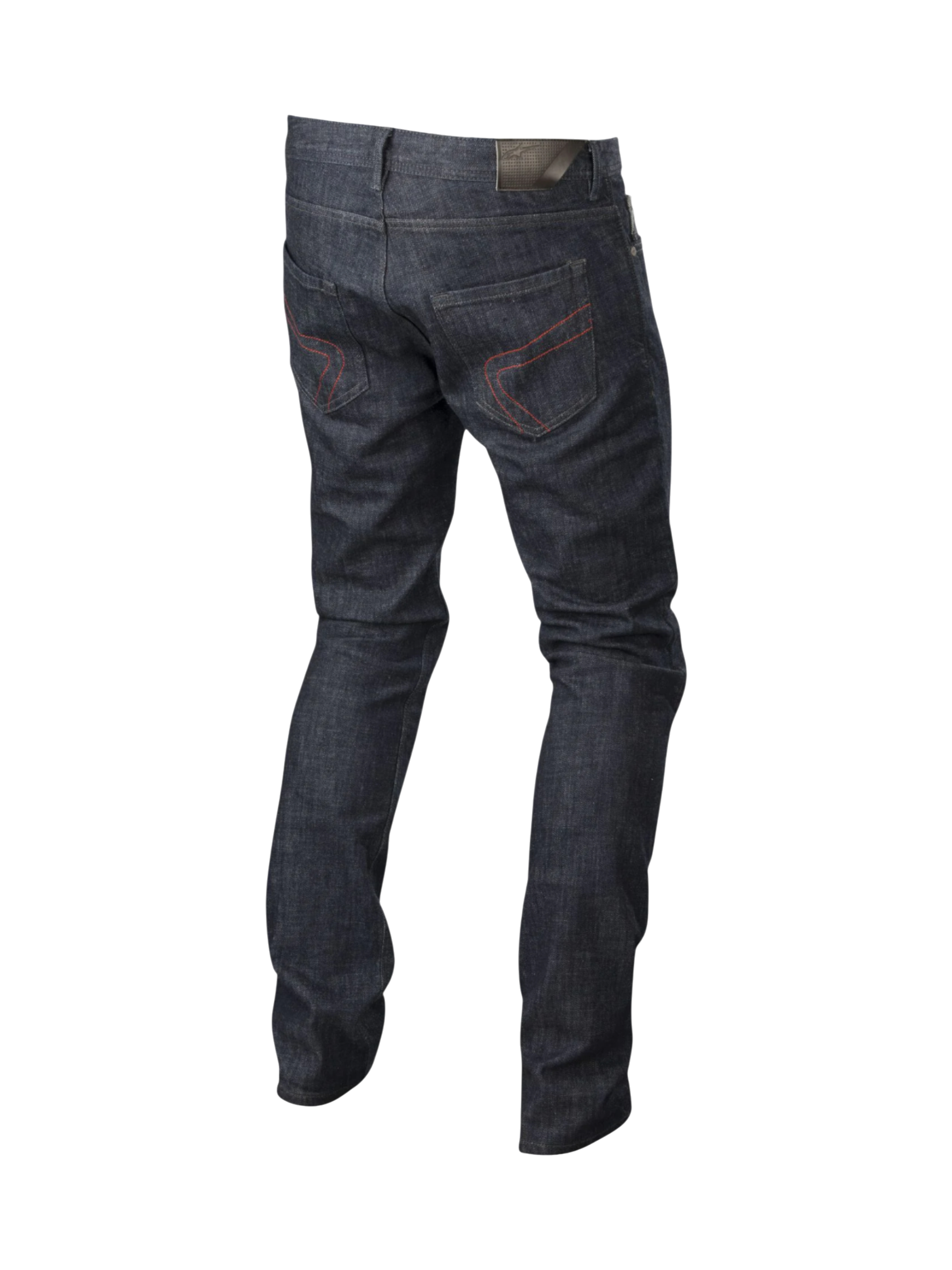Pantalon Denim Copper Alpinestars, jean de moto urbain pour homme, bleu foncé avec coutures rouges sur les poches arrière, renfort en aramide et coupe droite, vue de dos