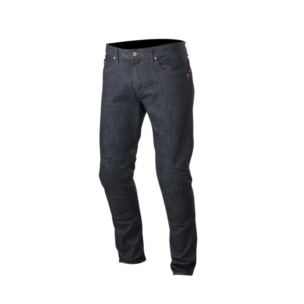Alpinestars Copper Denim Pants, Motorcycle Riding Jeans, Dark Blue, regular straight fit with pre-shaped leg construction, features a small red logo on the coin pocket, classic five-pocket design for urban commuting