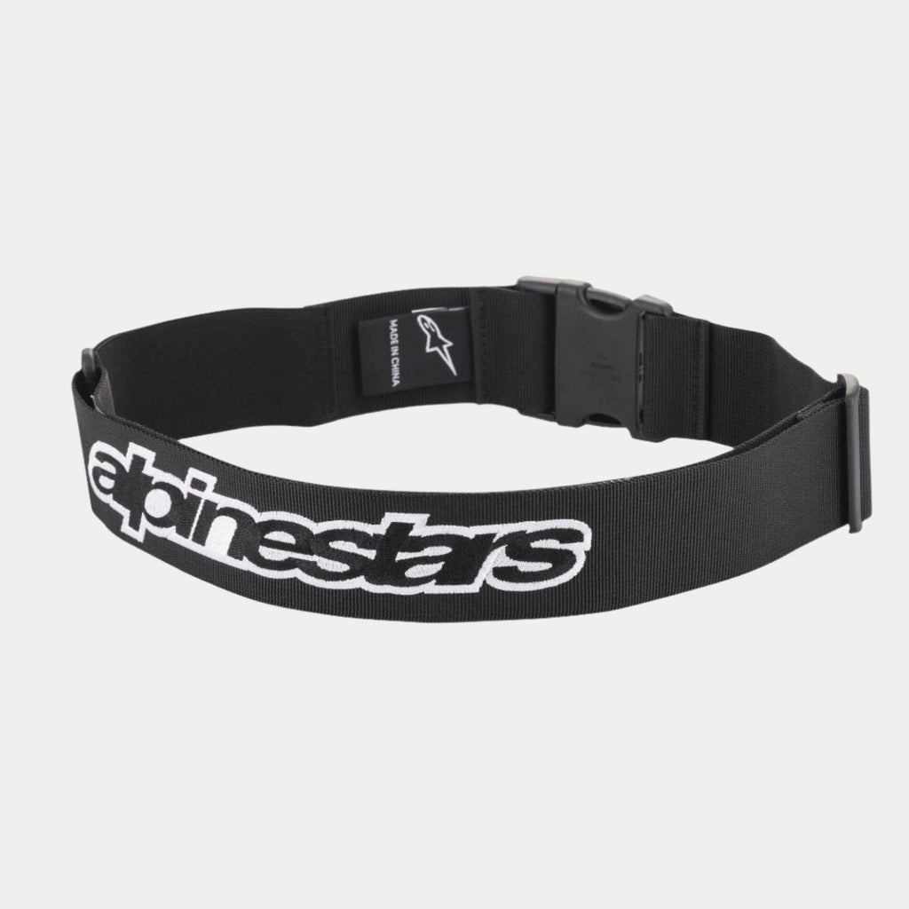 Alpinestars Pit Radio Belt, ceinture utilitaire technique noire, avec logo Alpinestars brodé blanc, fermeture par boucle à clip en plastique et matériau en poly-tissu extensible pour les équipes des stands